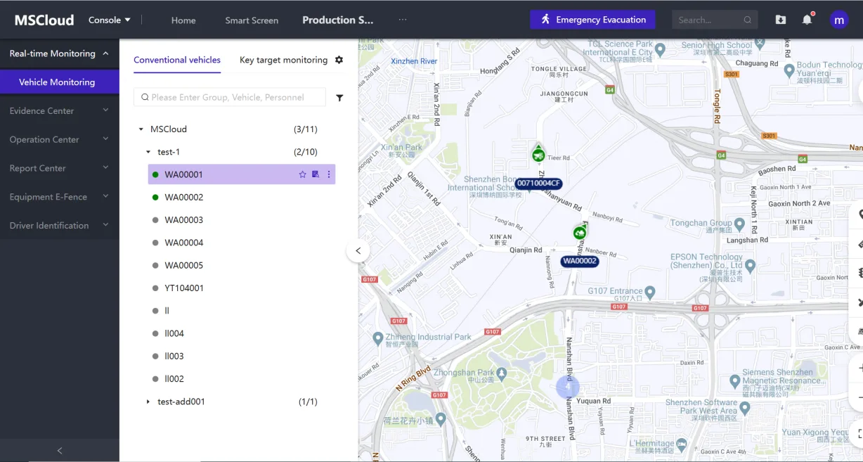 MS Cloud: monitoreo en tiempo real con el mapa de la operación, el árbol de unidades y los accesos a evidencias, reportes y geocercas.