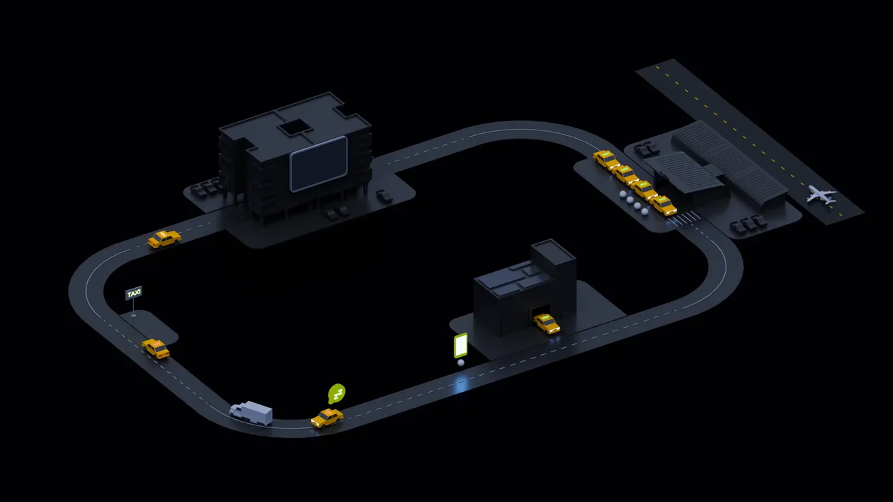 Animación isométrica de un circuito de taxis alrededor de un aeropuerto: las unidades recorren la vía y las paradas mientras suben a la plataforma los eventos de cada viaje.